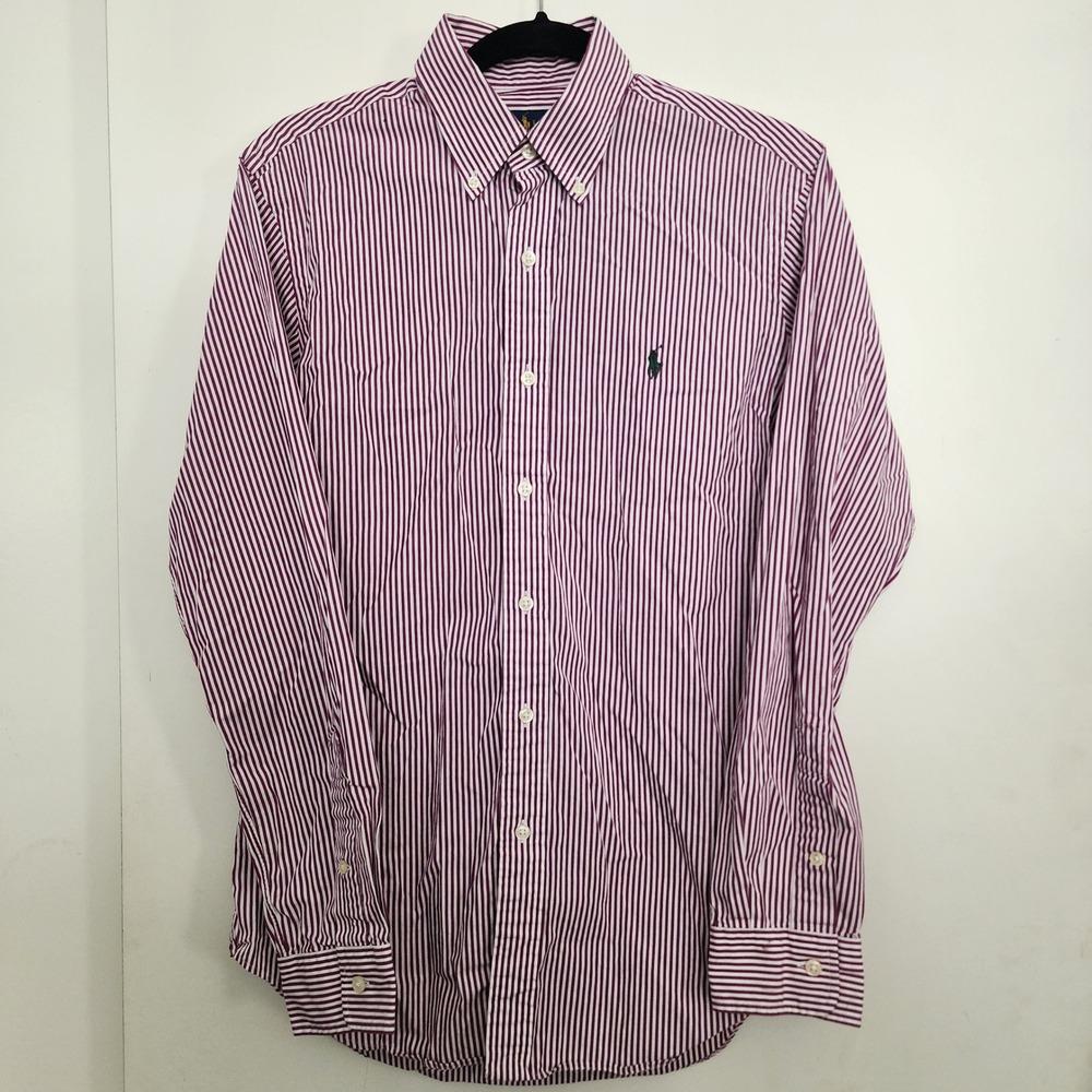 Ralph Lauren Button Down Shirt Mens S Burgundy White Striped Long Sleeve Cotton
